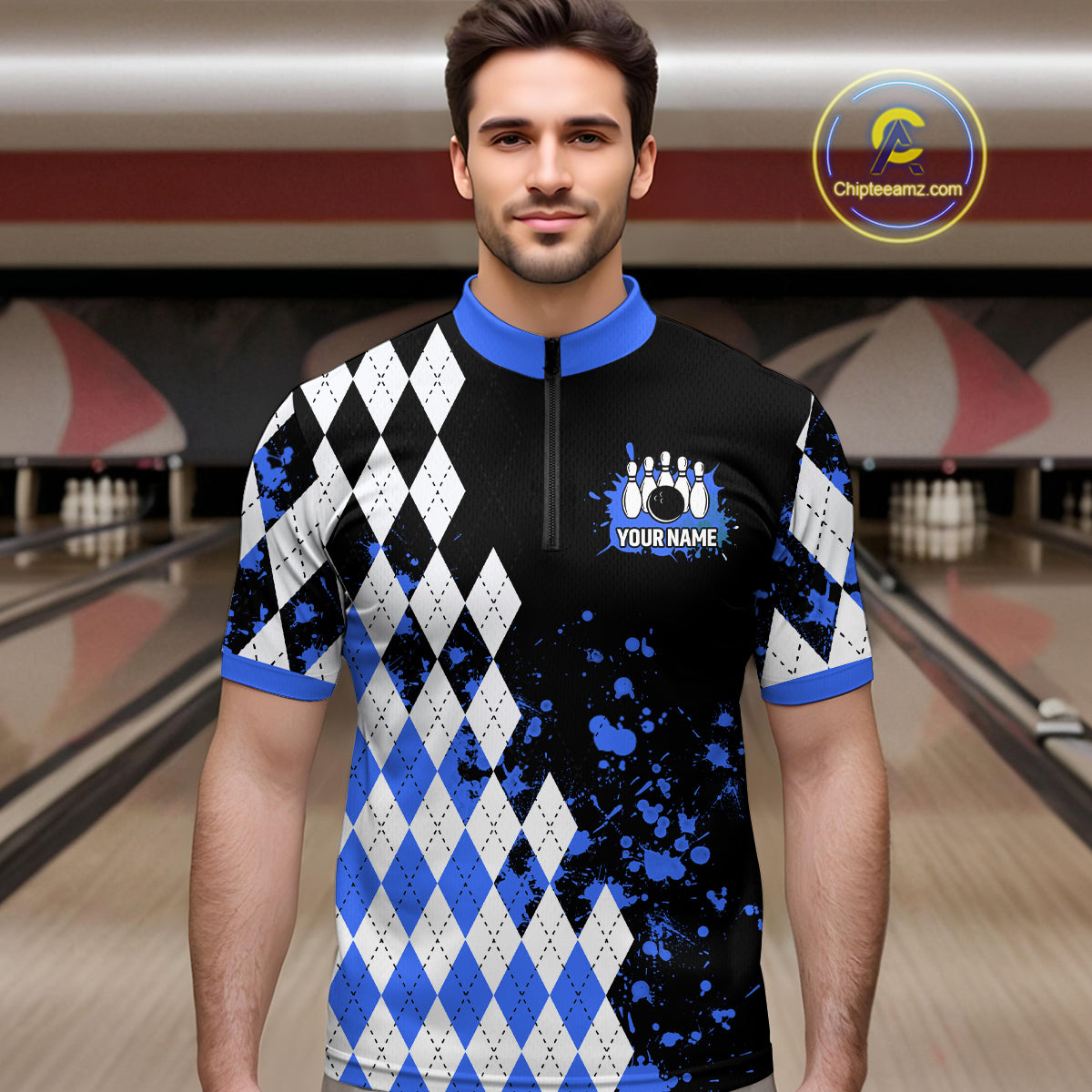 Blue argyle pattern Retro Bowling Shirts For Men Custom My drinking team has a bowling problem NQS9824