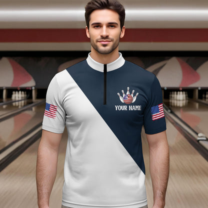 American Flag Bowling Shirts Blue&White Bowling Jersey for Men Women Bowling Jersey MBL34