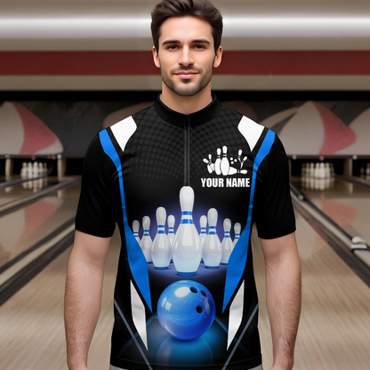 Blue Bowling Shirt for Men and Women Bowling Jersey with Team Bowling Polo & 1/4 Zip MBL42