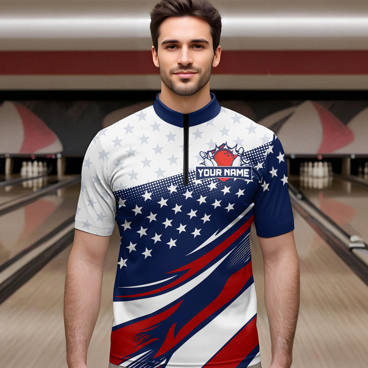 American Flag Bowling Custom Men Bowling Shirt Polo & Quarter-Zip Bowling Team Jerseys HNT50