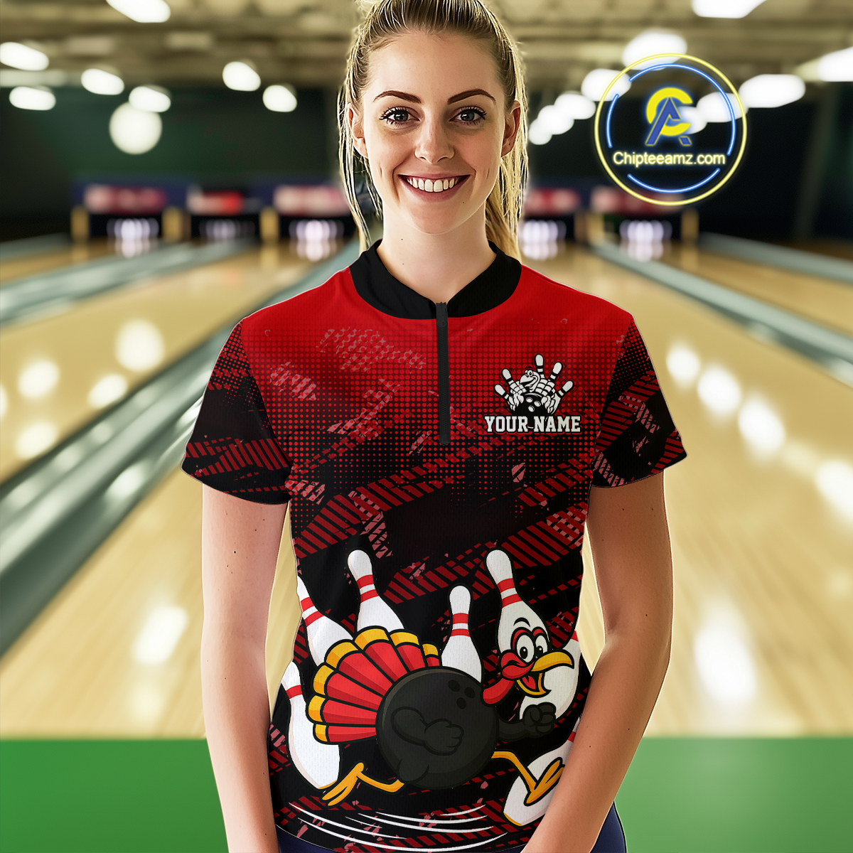 Custom Red Funny Turkey Bowling Jersey for Women Thanksgiving Bowling Team Shirts Polo & 1/4 Zip HNT125