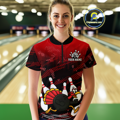 Custom Red Funny Turkey Bowling Jersey for Women Thanksgiving Bowling Team Shirts Polo & 1/4 Zip HNT125