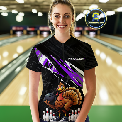 Custom Purple Funny Turkey Bowling Jersey for Women Thanksgiving Bowling Shirts Polo & 1/4 Zip HNT117