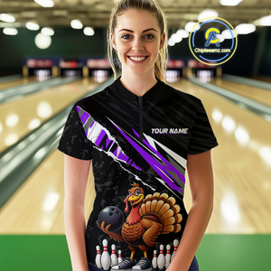 Custom Purple Funny Turkey Bowling Jersey for Women Thanksgiving Bowling Shirts Polo & 1/4 Zip HNT117