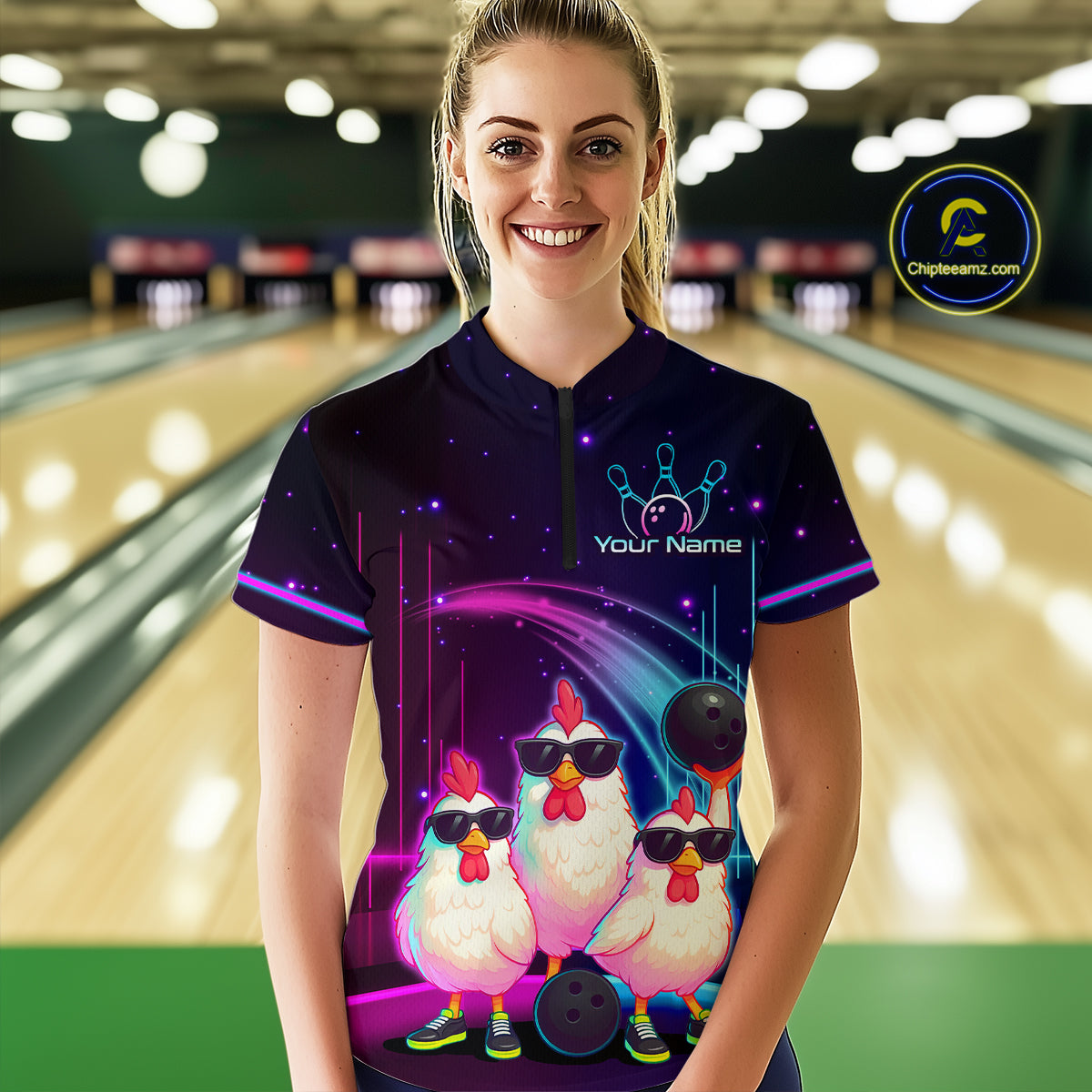 Neon Funny Family of Three Chicken Bowling Team Shirt for Women Bowling League Jersey QZT761
