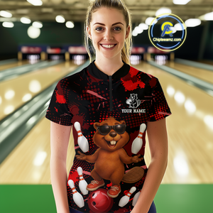 Custom Red Funny Beaver Bowling Team Shirt Women Bowling League Jersey Polo Bowling Outfit QZT764