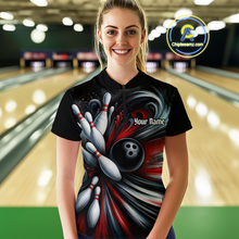 Load image into Gallery viewer, Custom Black Red Bowling Jersey for Women Custom Team Bowling Shirts Polo &amp; 1/4 Zip HNT120