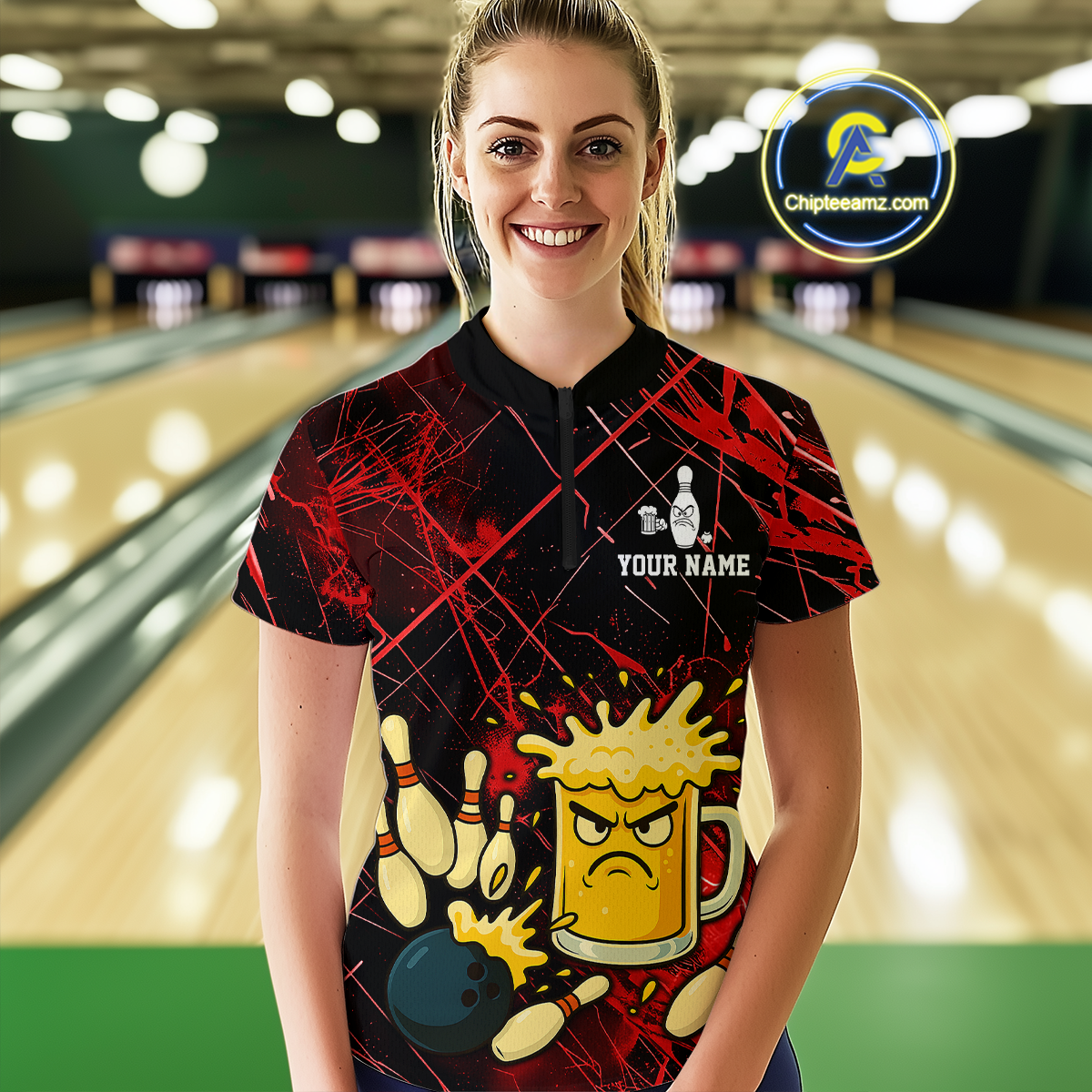 Custom Red Funny Beer Bowling Shirt Team Bowling League Jersey for Women Bowling Outfit QZT767