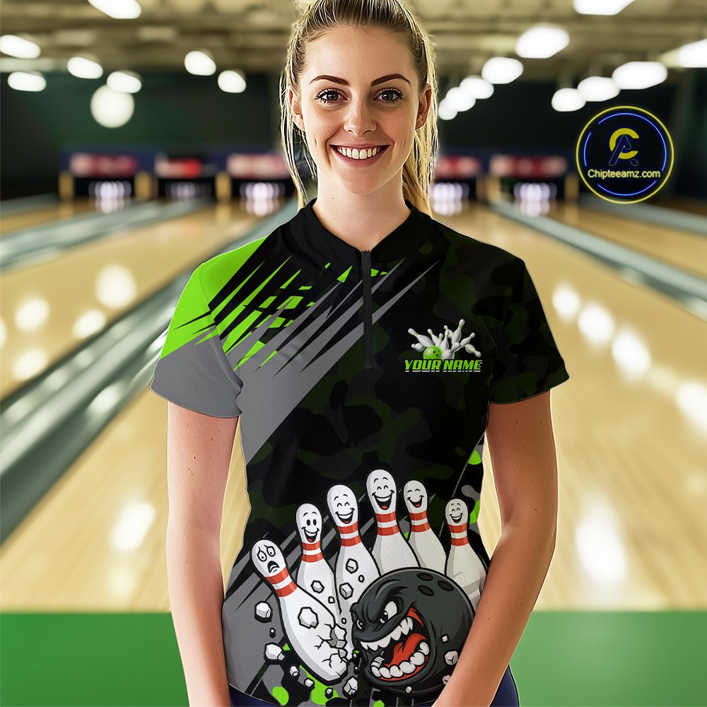 Custom Green Funny Bowling Shirt Crazy Bowling Jersey Women Polo & 1/4 Zip Bowling Outfit QZT785