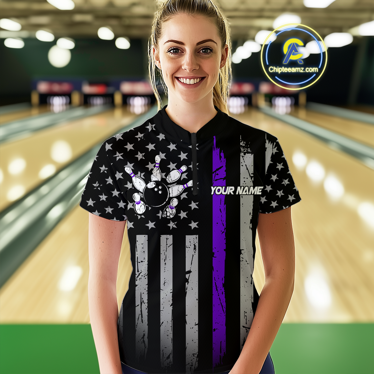 Custom Purple US Flag Eagle Bowling Jersey for Women Bowling Uniform Polo & 1/4 Zip Bowling Team Shirts HNT119