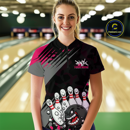 Custom Pink Funny Bowling Shirt Crazy Bowling Jersey Women Polo & 1/4 Zip Bowling Outfit QZT785