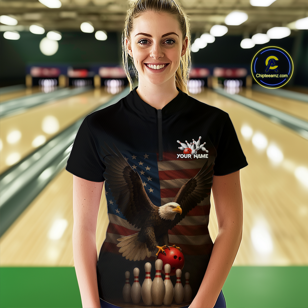 Custom Custom American Eagle Bowling Shirt for Women Polo & Quarter-Zip Bowling Jersey Bowling Outfit QZT779