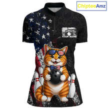 Load image into Gallery viewer, Women quarter zip shirt with a cat design holding a bowling ball, American flag.