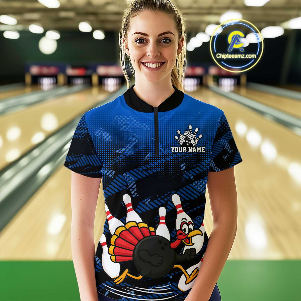 Custom Blue Funny Turkey Bowling Jersey for Women Thanksgiving Bowling Team Shirts Polo & 1/4 Zip HNT125