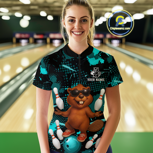 Custom Teal Funny Beaver Bowling Team Shirt Women Bowling League Jersey Polo Bowling Outfit QZT764
