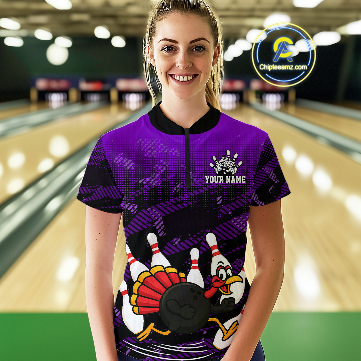 Custom Purple Funny Turkey Bowling Jersey for Women Thanksgiving Bowling Team Shirts Polo & 1/4 Zip HNT125