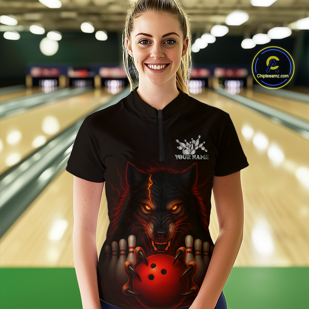 Red&Black Wolf Bowling Shirts for Team Women Men Custom Wolf Bowling Polo &1/4 Zip MBL196