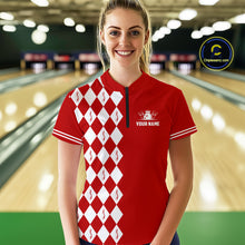 Load image into Gallery viewer, Funny red and white argyle retro Women Bowling Shirts Custom Does this shirt make my balls look big NQS10611
