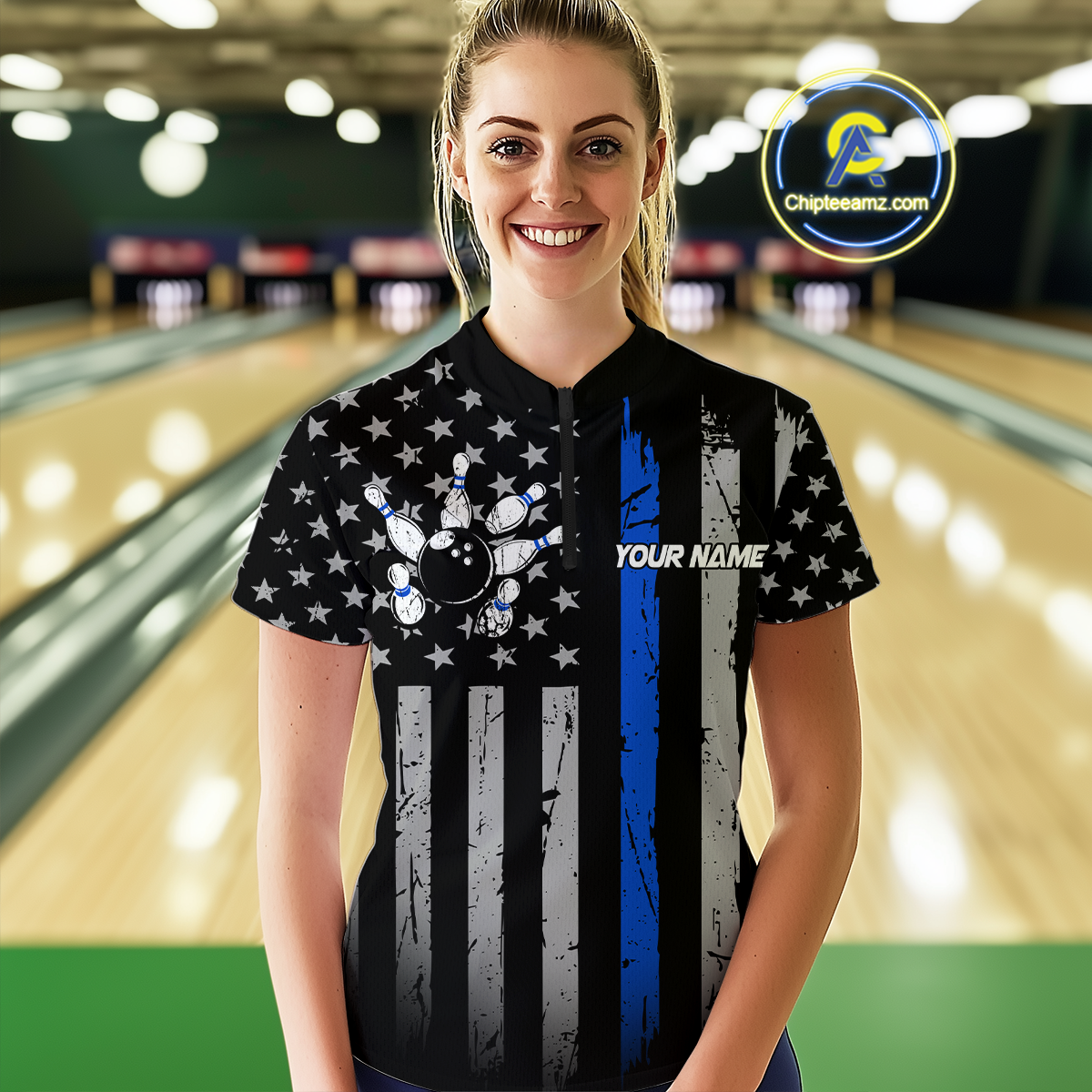 Custom Blue US Flag Eagle Bowling Jersey for Women Bowling Uniform Polo & 1/4 Zip Bowling Team Shirts HNT119