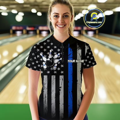 Custom Blue US Flag Eagle Bowling Jersey for Women Bowling Uniform Polo & 1/4 Zip Bowling Team Shirts HNT119