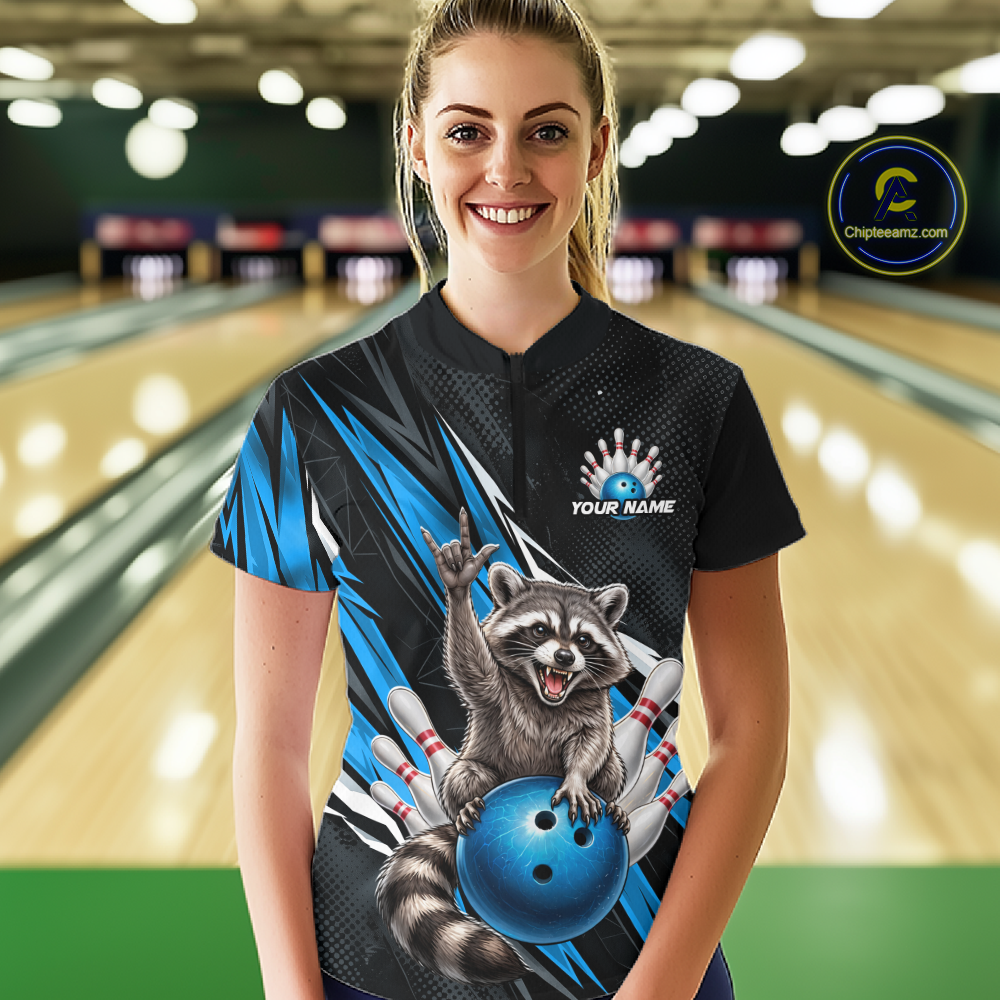 Custom Turquoise Raccoon Bowling Jersey for Women Bowling Team Shirts Bowling Polo & 1/4 Zip HNT254