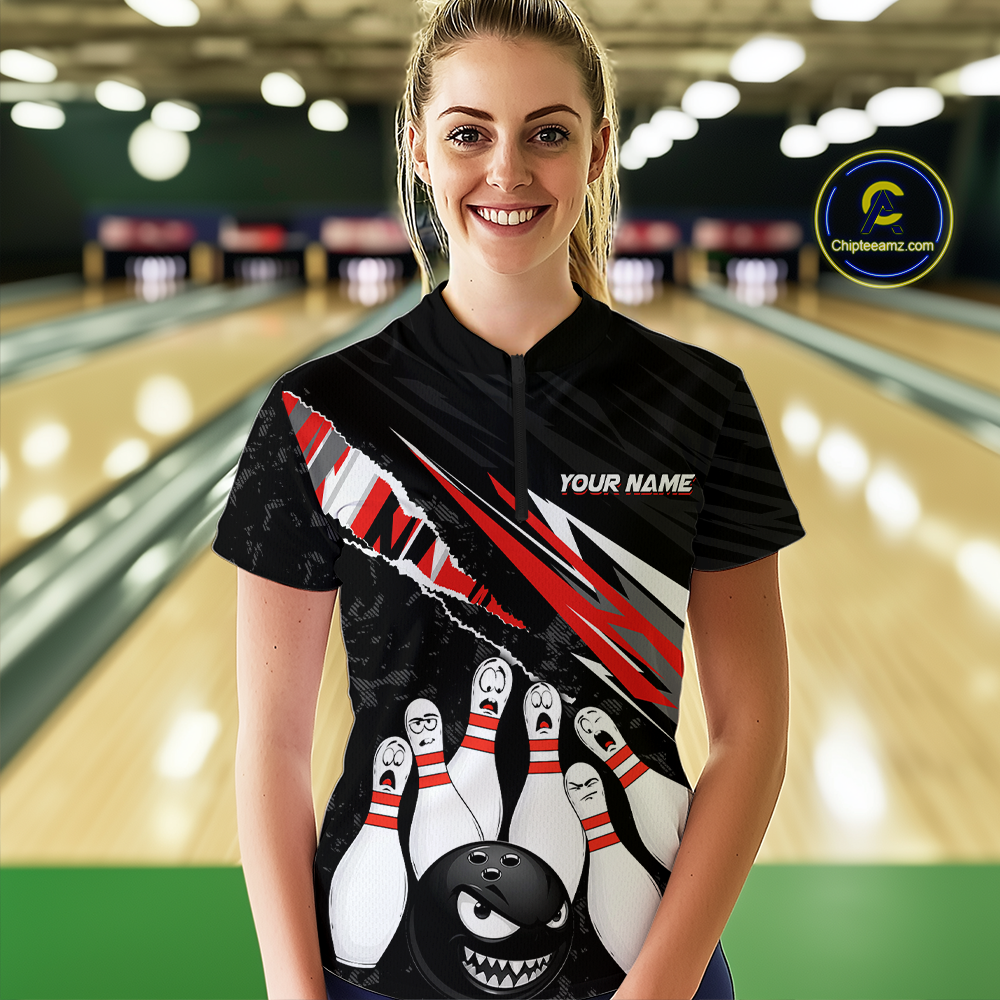 Custom Red Funny Bowling Jersey for Women Bowling Uniform Polo & 1/4 Zip Bowling Team Shirts HNT128