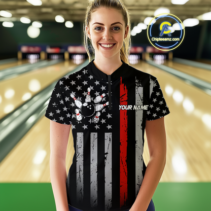 Custom Red US Flag Eagle Bowling Jersey for Women Bowling Uniform Polo & 1/4 Zip Bowling Team Shirts HNT119