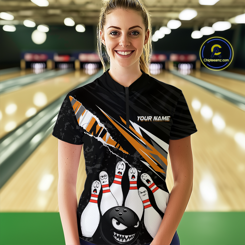 Custom Orange Funny Bowling Jersey for Women Bowling Uniform Polo & 1/4 Zip Bowling Team Shirts HNT128