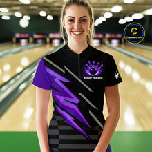 Load image into Gallery viewer, Black and Purple Lightning Bowling Polo, 1/4 Zip Shirt for Women Custom Bowling Team League Jersey NQS10907