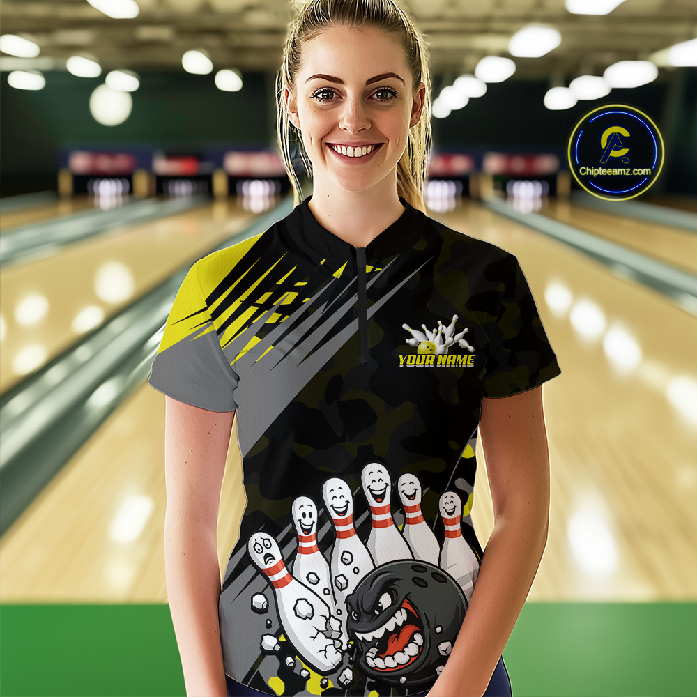 Custom Yellow Funny Bowling Shirt Crazy Bowling Jersey Women Polo & 1/4 Zip Bowling Outfit QZT785