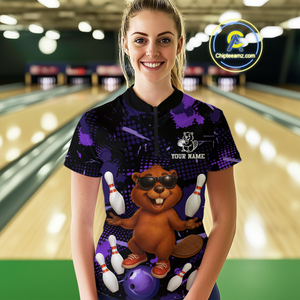 Custom Purple Funny Beaver Bowling Team Shirt Women Bowling League Jersey Polo Bowling Outfit QZT764