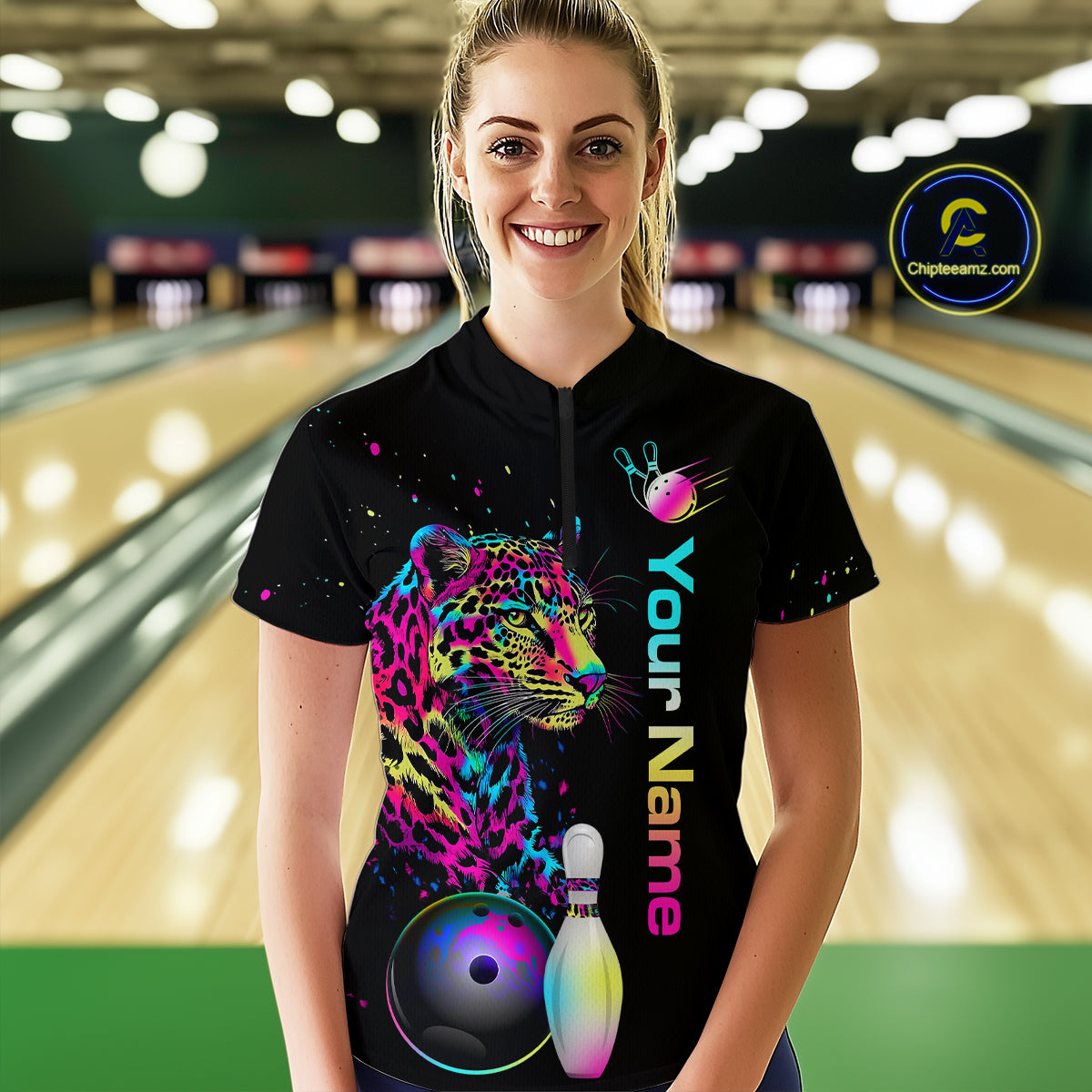 Custom Multicolor Leopard Bowling Shirts For Women Bowling Team Shirt Polo & 1/4 Zip HNT134