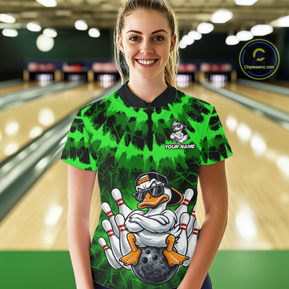 Custom Green Funny Duck Bowling Jersey for Women Bowling Uniform Polo & 1/4 Zip Bowling Team Shirts HNT238