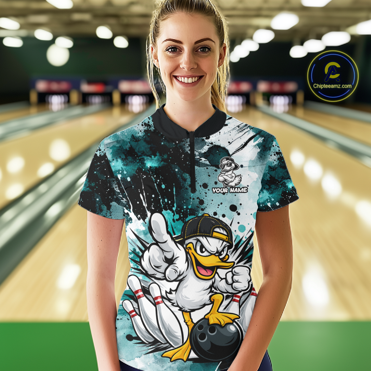 Custom Teal Funny Duck Bowling Jersey for Women Bowling Uniform Polo & 1/4 Zip Bowling Team Shirts HNT237