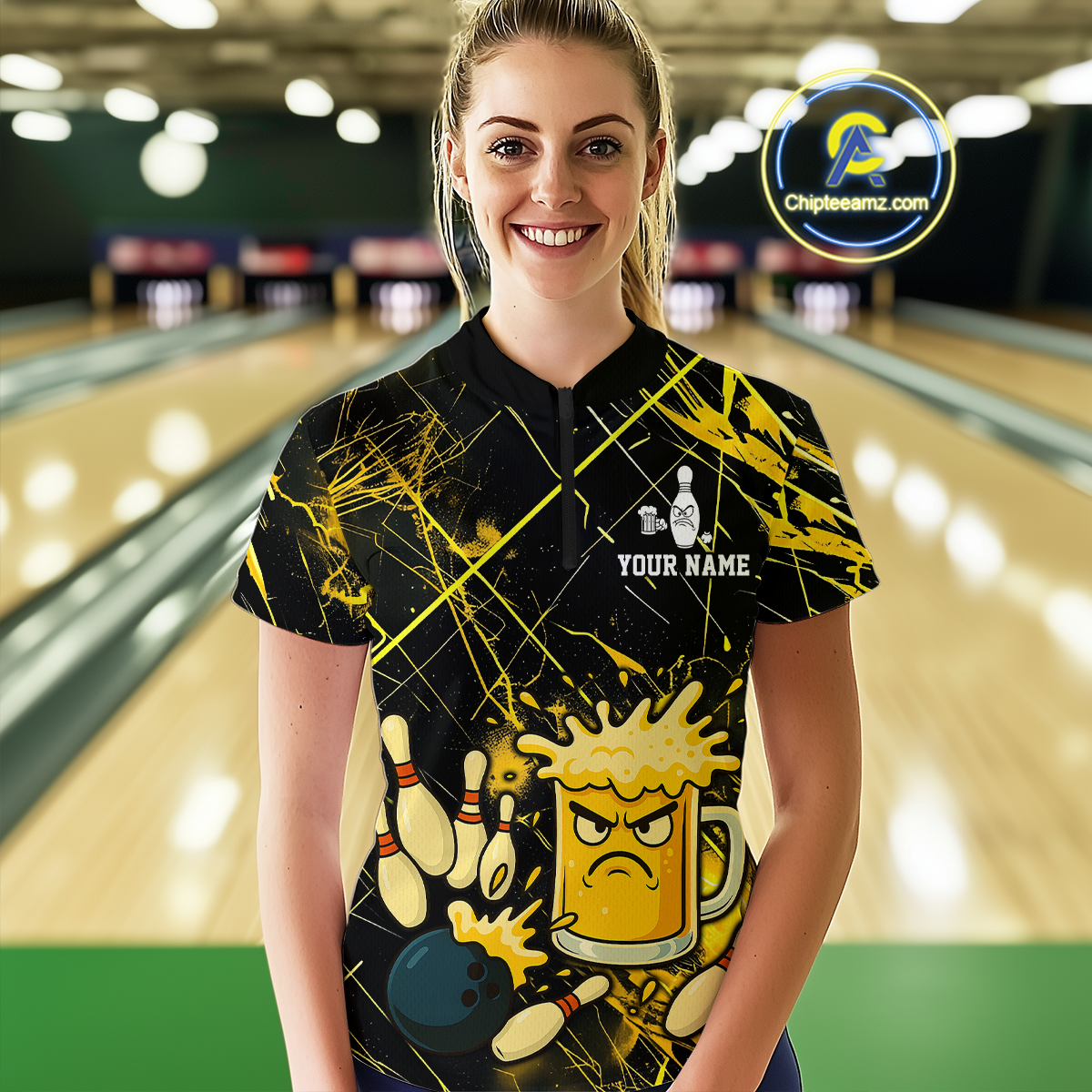Custom Yellow Funny Beer Bowling Shirt Team Bowling League Jersey for Women Bowling Outfit QZT767