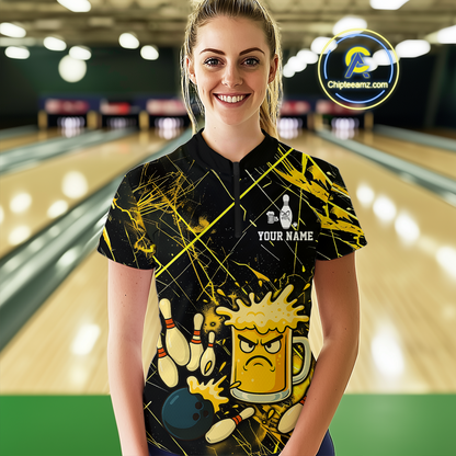 Custom Yellow Funny Beer Bowling Shirt Team Bowling League Jersey for Women Bowling Outfit QZT767