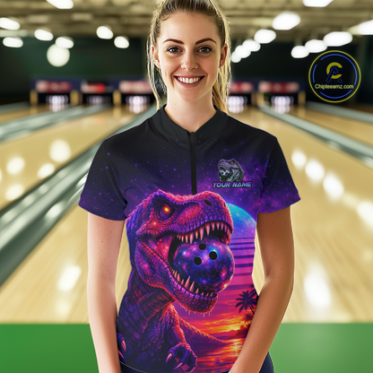 Custom Retro Galaxy Dinosaur Bowling Jersey for Women Bowling Shirts for Team Polo & 1/4 Zip HNT245