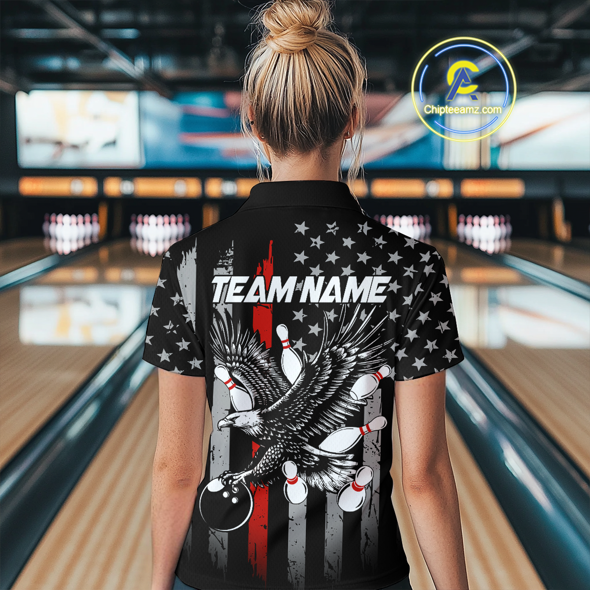 Custom Red US Flag Eagle Bowling Jersey for Women Bowling Uniform Polo & 1/4 Zip Bowling Team Shirts HNT119