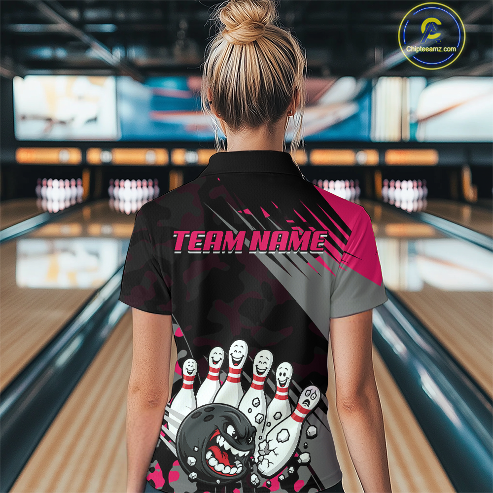 Custom Pink Funny Bowling Shirt Crazy Bowling Jersey Women Polo & 1/4 Zip Bowling Outfit QZT785