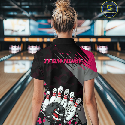 Custom Pink Funny Bowling Shirt Crazy Bowling Jersey Women Polo & 1/4 Zip Bowling Outfit QZT785
