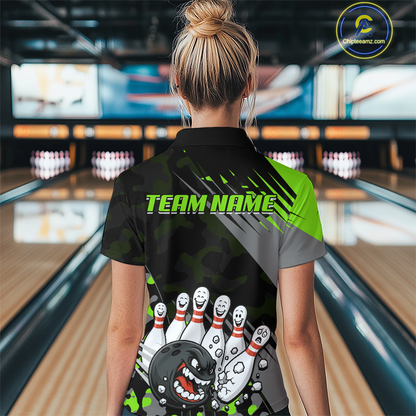Custom Green Funny Bowling Shirt Crazy Bowling Jersey Women Polo & 1/4 Zip Bowling Outfit QZT785