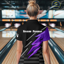 Load image into Gallery viewer, Black and Purple Lightning Bowling Polo, 1/4 Zip Shirt for Women Custom Bowling Team League Jersey NQS10907