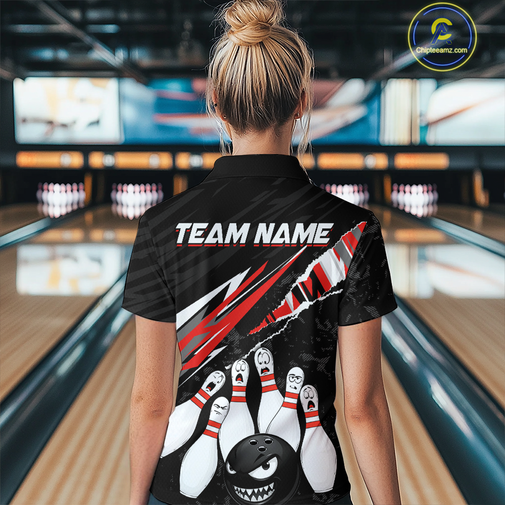 Custom Red Funny Bowling Jersey for Women Bowling Uniform Polo & 1/4 Zip Bowling Team Shirts HNT128