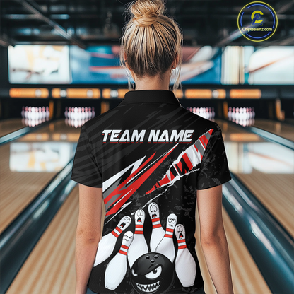 Custom Red Funny Bowling Jersey for Women Bowling Uniform Polo & 1/4 Zip Bowling Team Shirts HNT128