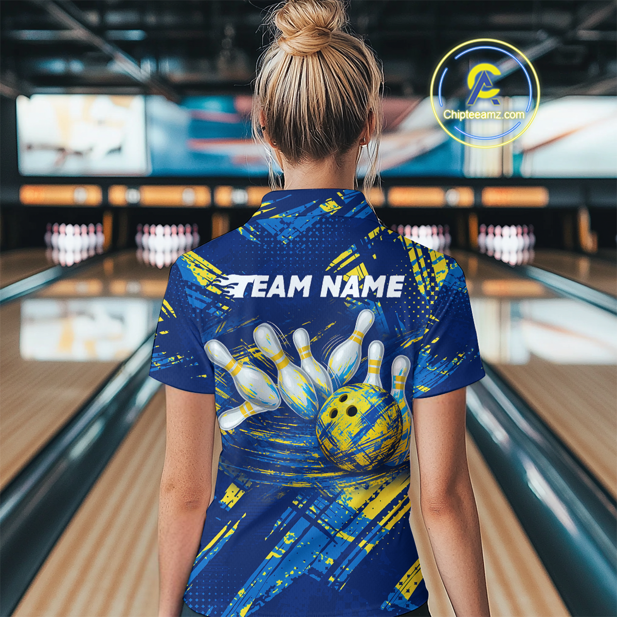 Custom Blue Yellow Bowling Jersey for Women Bowling Uniform Polo & 1/4 Zip Bowling Team Shirts HNT122