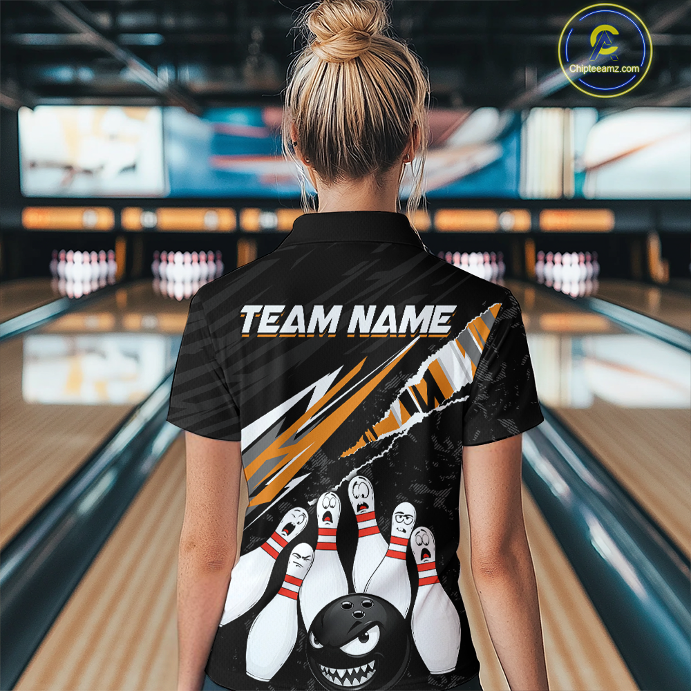 Custom Orange Funny Bowling Jersey for Women Bowling Uniform Polo & 1/4 Zip Bowling Team Shirts HNT128