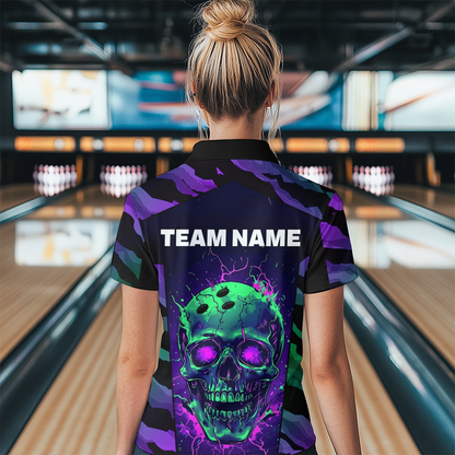 Black & Purple Skull Bowling Jersey Custom Quarter-Zip Bowling Team Shirt for Men Women QZT675