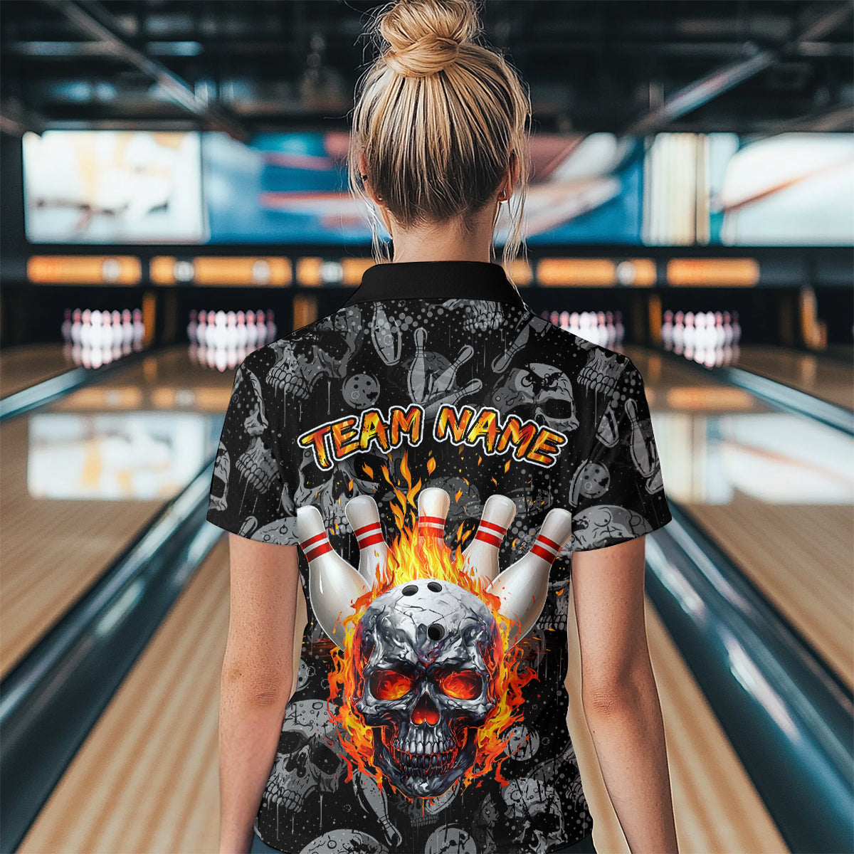 Women Skull Custom Bowling Team Shirts Unisex Bowling Women Short Sleeve Polo & Quarter-Zip HNT42