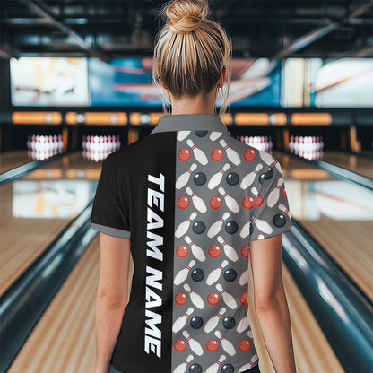 Dark Grey Bowling Pattern Custom Women Bowling Polo & Quarter-Zip Shirts Bowling Team Jerseys HNT45