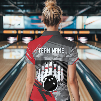 Red Camo Bowling Shirts for Women Men Custom Team Bowling Polo & 1/4 Zip Shirt MBL61